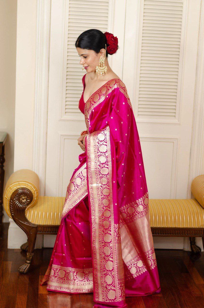 Luxurious Pink Silk Saree with Golden Zari Work