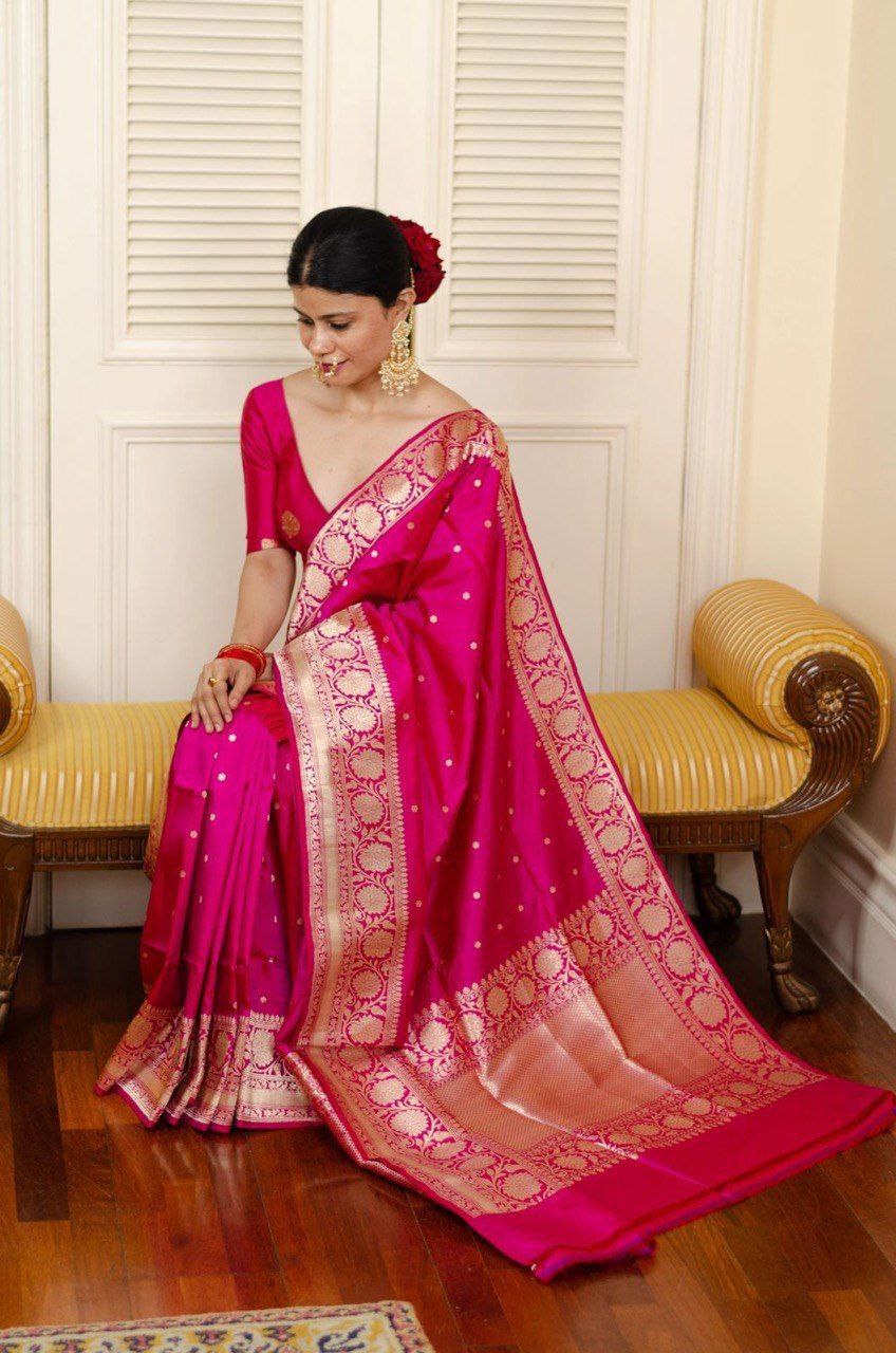 Luxurious Pink Silk Saree with Golden Zari Work