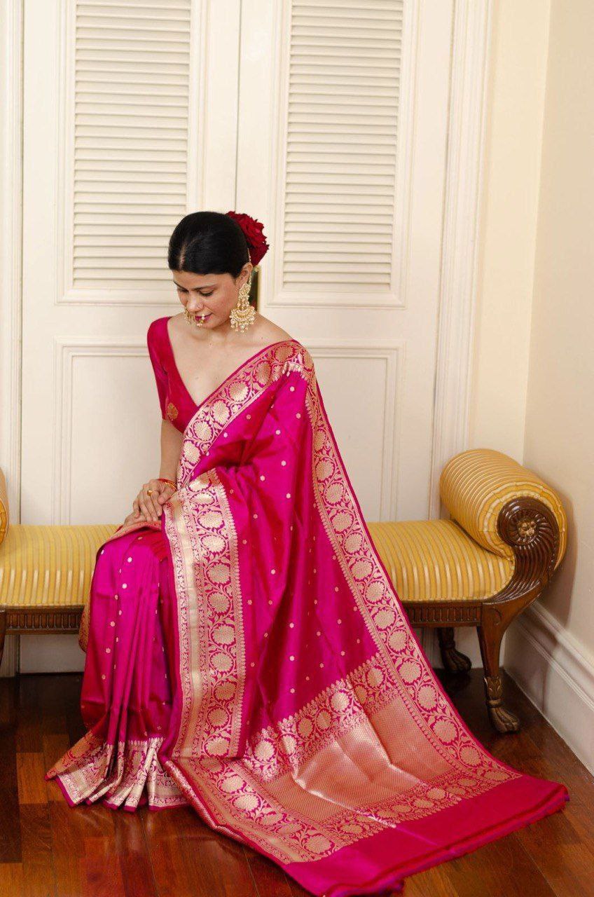 Luxurious Pink Silk Saree with Golden Zari Work