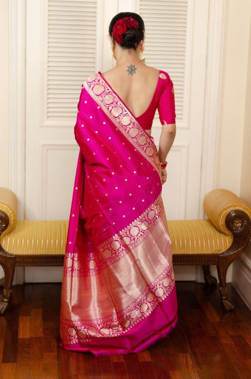 Luxurious Pink Silk Saree with Golden Zari Work