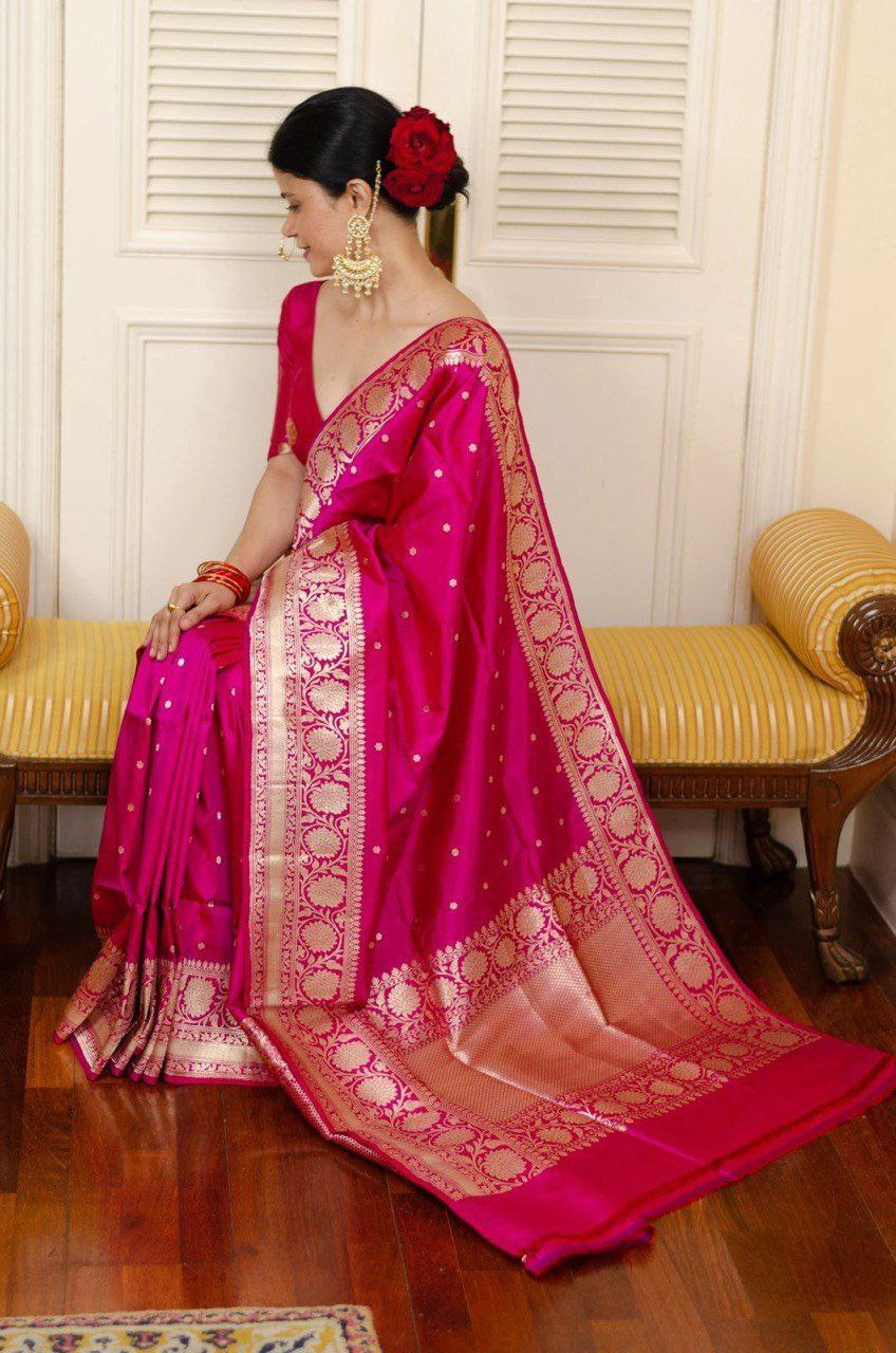 Luxurious Pink Silk Saree with Golden Zari Work