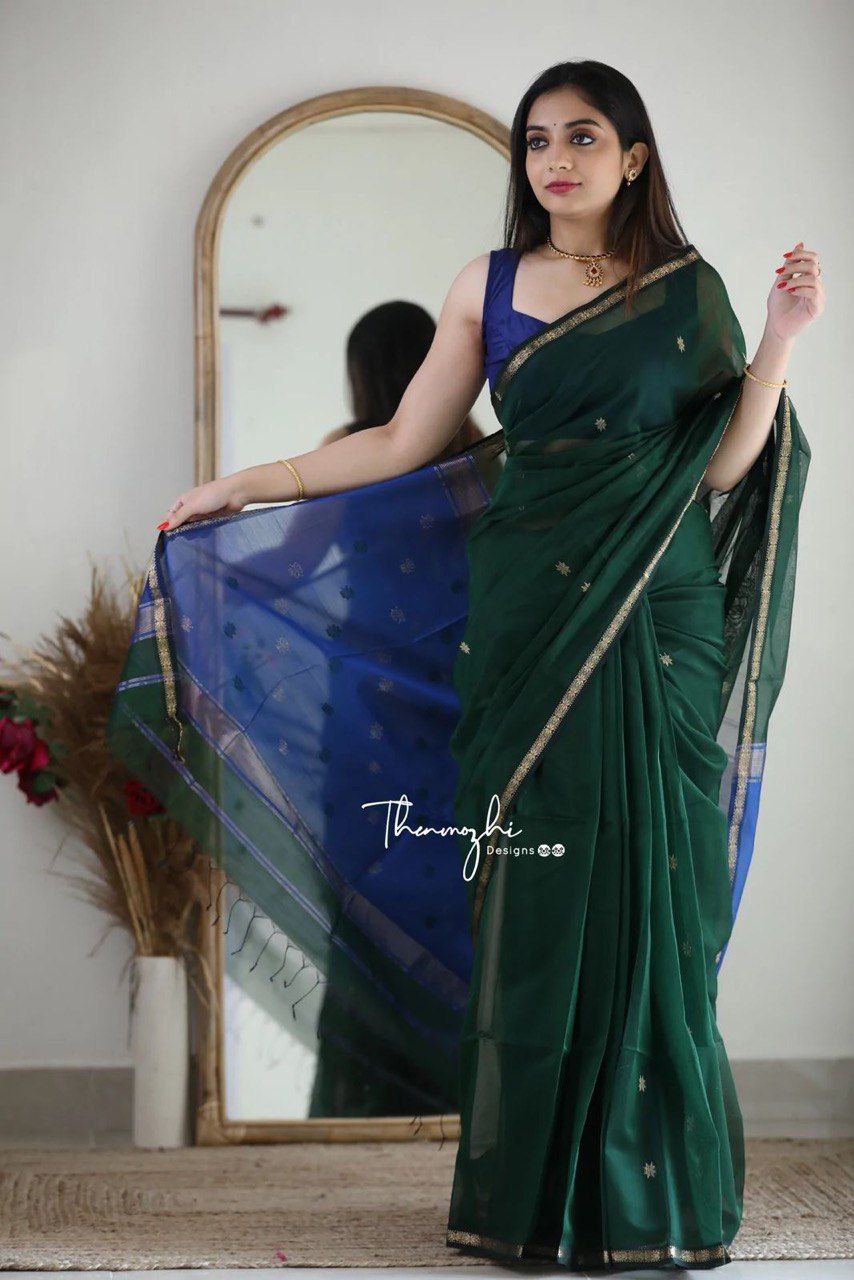 Dark Green Chiffon Saree with Golden Zari Border