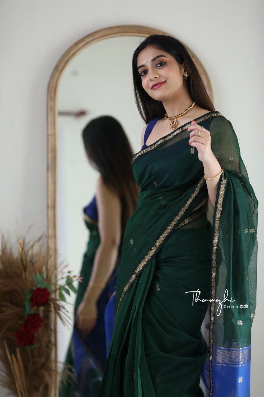 Dark Green Chiffon Saree with Golden Zari Border