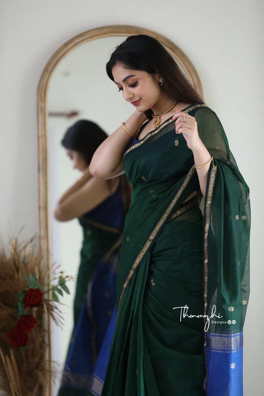 Dark Green Chiffon Saree with Golden Zari Border