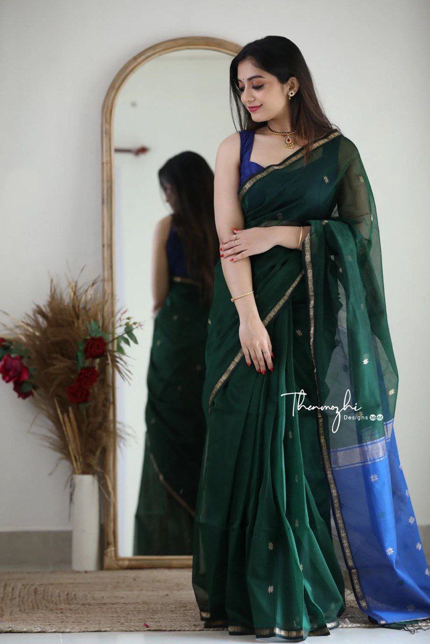 Dark Green Chiffon Saree with Golden Zari Border