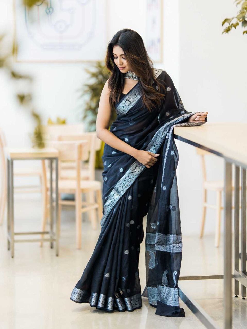 Black Chiffon Saree with Silver Embroidery